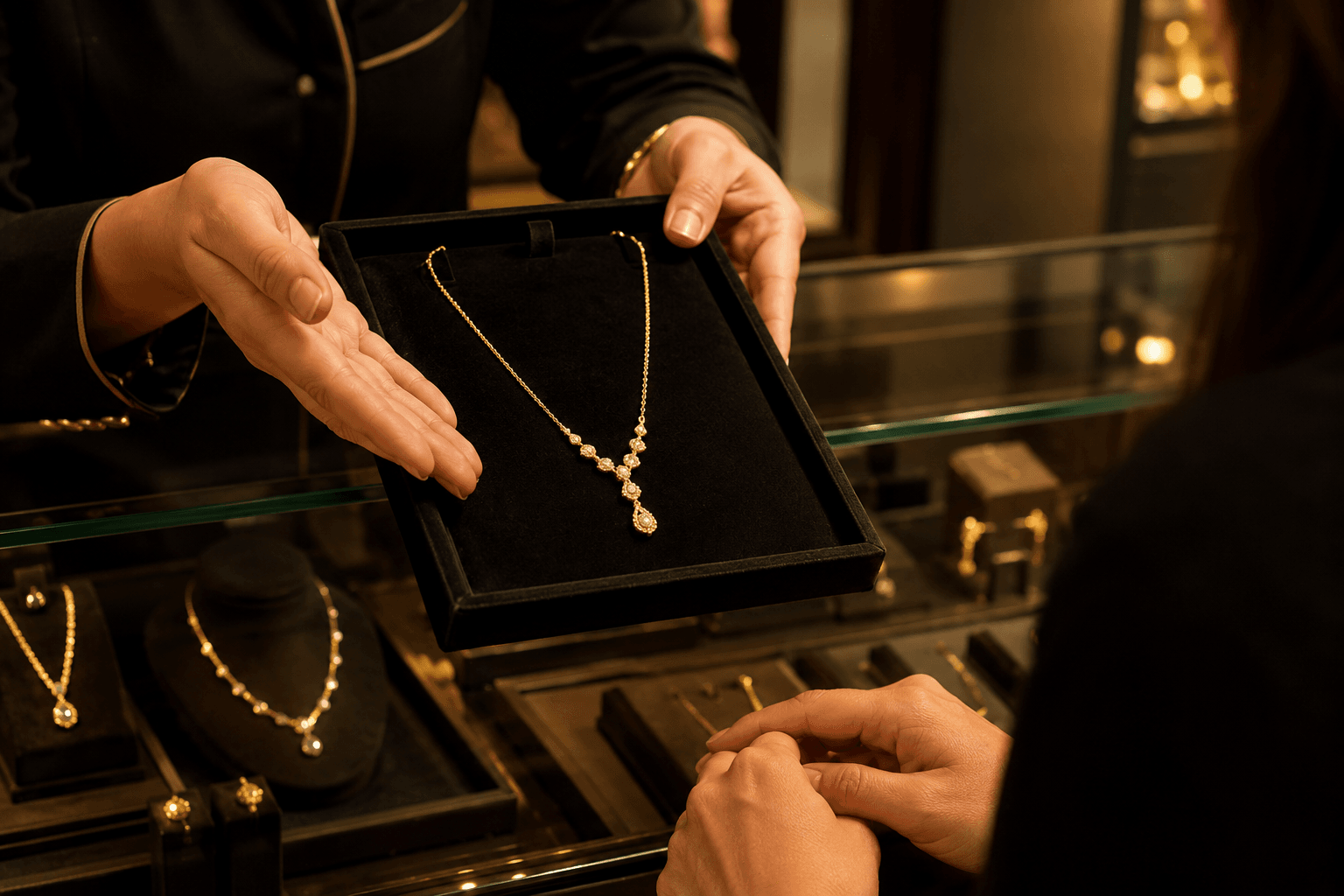 A necklace presented on a velvet tray across the counter