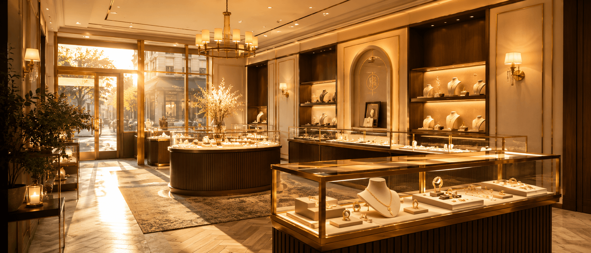 The boutique interior at golden hour