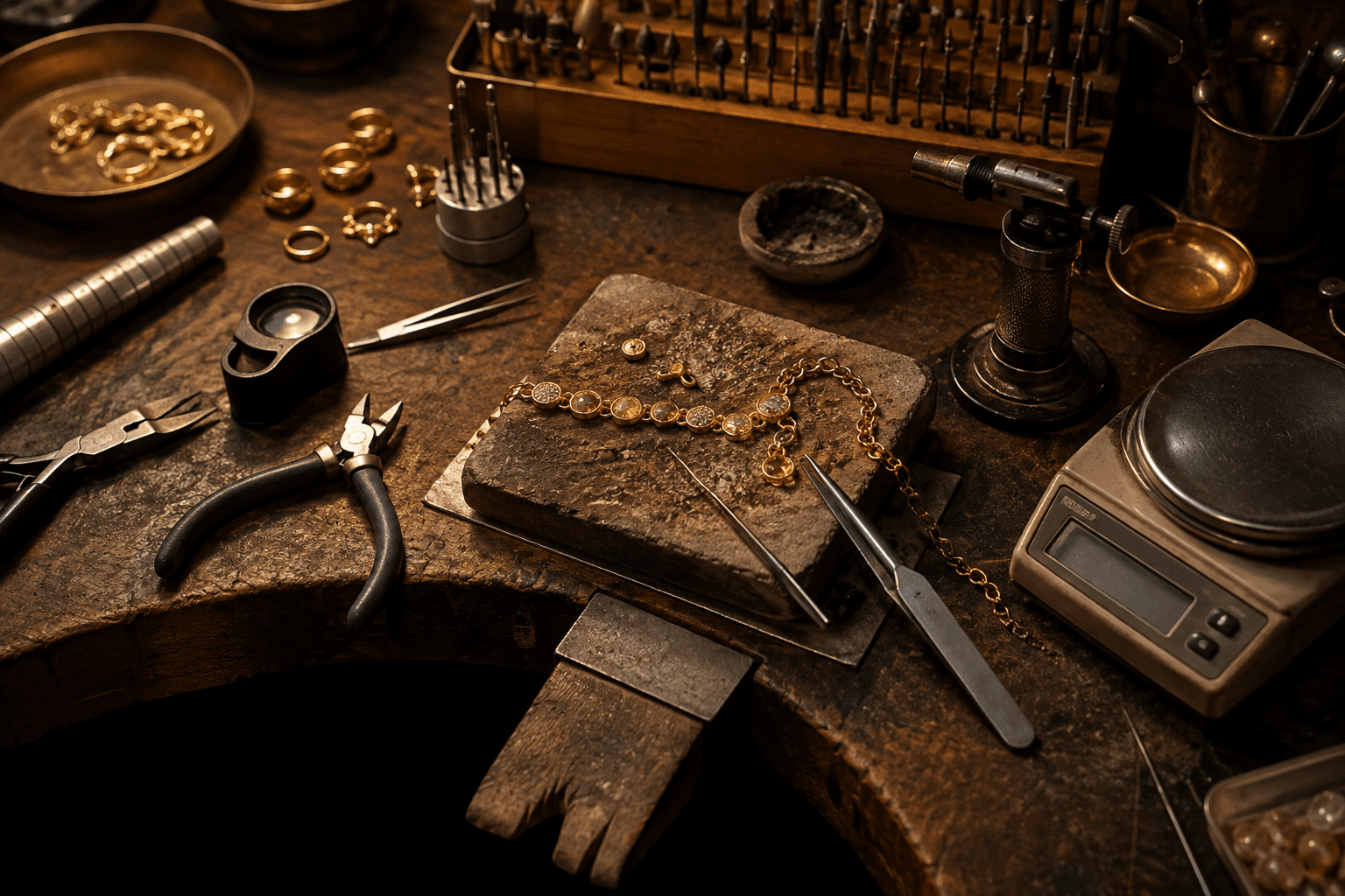 A jewellery workbench with tools and a piece mid-repair