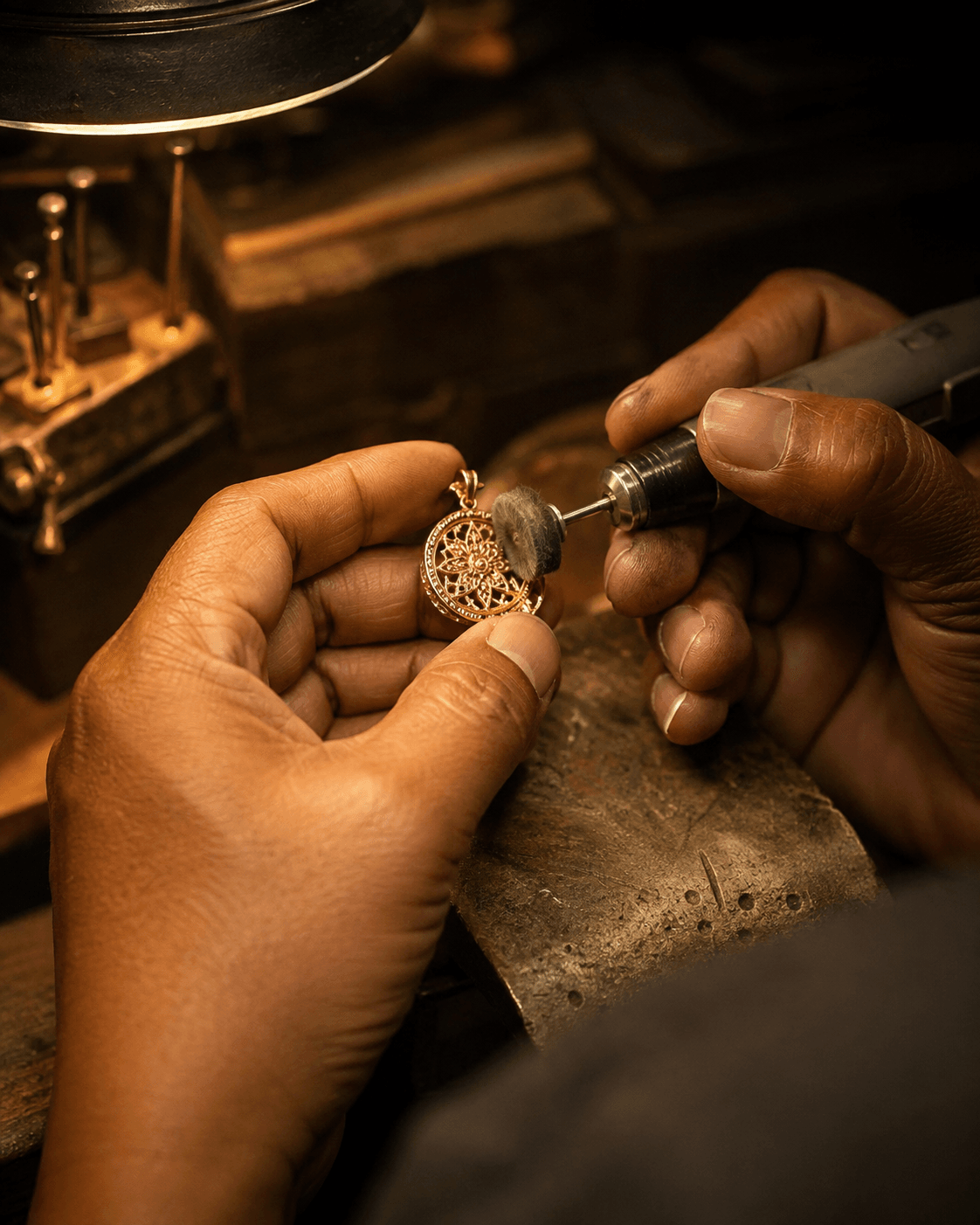 A goldsmith polishing a pendant at the bench